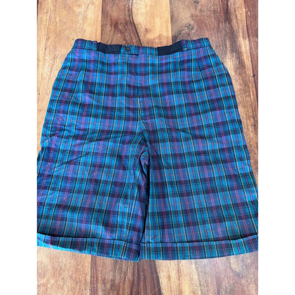 vtg Lady Nash plaid shorts women sz 10 blue teal cotton high rise bermuda cuffed